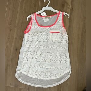 White lace tank with neon pink trim